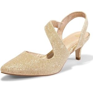 🆕Women's Gold Dress Shoes Low Heels 2 inch Kitten Pumps Sling Back Shoes